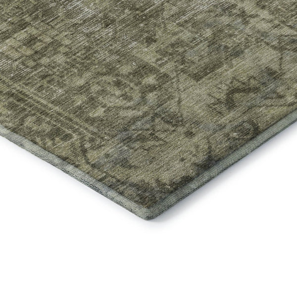 HomeRoots 8' X 8' Olive Green & Silver Oriental Washable Round Rug - Durable, UV-Protected, Stylish Design! 691959