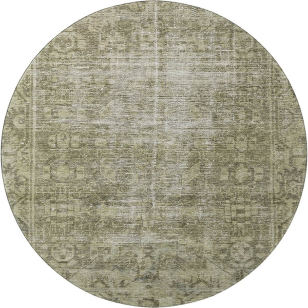 HomeRoots 8' X 8' Olive Green & Silver Oriental Washable Round Rug - Durable, UV-Protected, Stylish Design! 691959