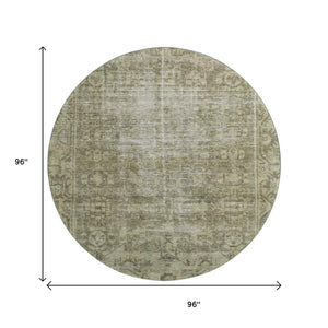 HomeRoots 8' X 8' Olive Green & Silver Oriental Washable Round Rug - Durable, UV-Protected, Stylish Design! 691959