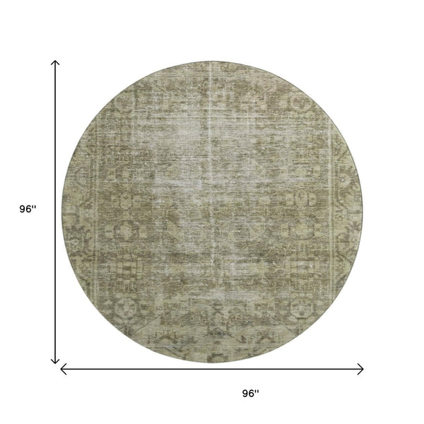 HomeRoots 8' X 8' Olive Green & Silver Oriental Washable Round Rug - Durable, UV-Protected, Stylish Design! 691959