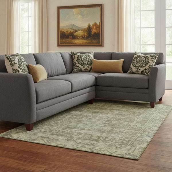 HomeRoots 8' Olive Green & Silver Oriental Area Rug - Washable, UV-Protected, Stain-Resistant, Durable Design 691960