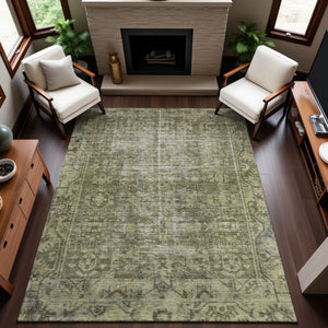 HomeRoots 8' Olive Green & Silver Oriental Area Rug - Washable, UV-Protected, Stain-Resistant, Durable Design 691960