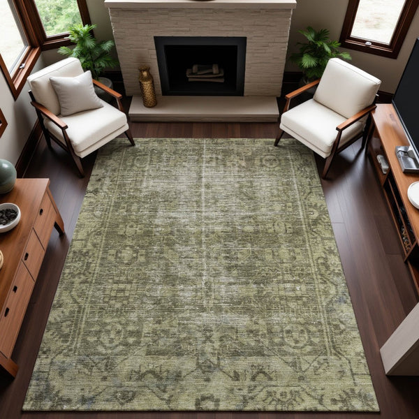 HomeRoots 8' Olive Green & Silver Oriental Area Rug - Washable, UV-Protected, Stain-Resistant, Durable Design 691960