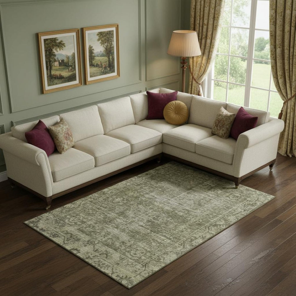 HomeRoots 9' X 12' Olive Green and Silver Oriental Area Rug - Durable, Washable, UV Protected for Busy Homes 691961