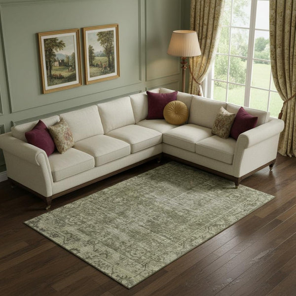 HomeRoots 9' X 12' Olive Green and Silver Oriental Area Rug - Durable, Washable, UV Protected for Busy Homes 691961