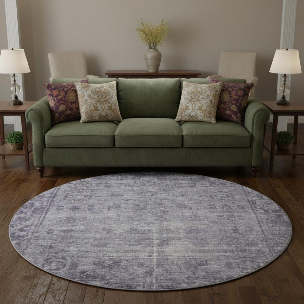 HomeRoots 8' X 8' Washable Purple & Silver Oriental Round Rug with UV Protection for High-Traffic Areas 691965