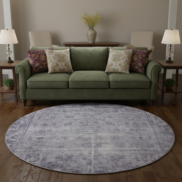 HomeRoots 8' X 8' Washable Purple & Silver Oriental Round Rug with UV Protection for High-Traffic Areas 691965