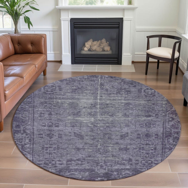 HomeRoots 8' X 8' Washable Purple & Silver Oriental Round Rug with UV Protection for High-Traffic Areas 691965