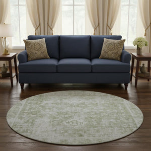 HomeRoots 8' X 8' Artichoke Green & Ivory Washable Round Rug - UV Protected, Elegant, Durable & Easy Care 691977