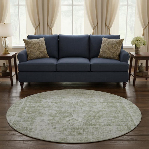 HomeRoots 8' X 8' Artichoke Green & Ivory Washable Round Rug - UV Protected, Elegant, Durable & Easy Care 691977