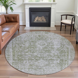 HomeRoots 8' X 8' Artichoke Green & Ivory Washable Round Rug - UV Protected, Elegant, Durable & Easy Care 691977