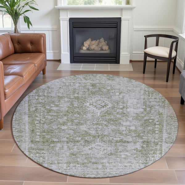 HomeRoots 8' X 8' Artichoke Green & Ivory Washable Round Rug - UV Protected, Elegant, Durable & Easy Care 691977