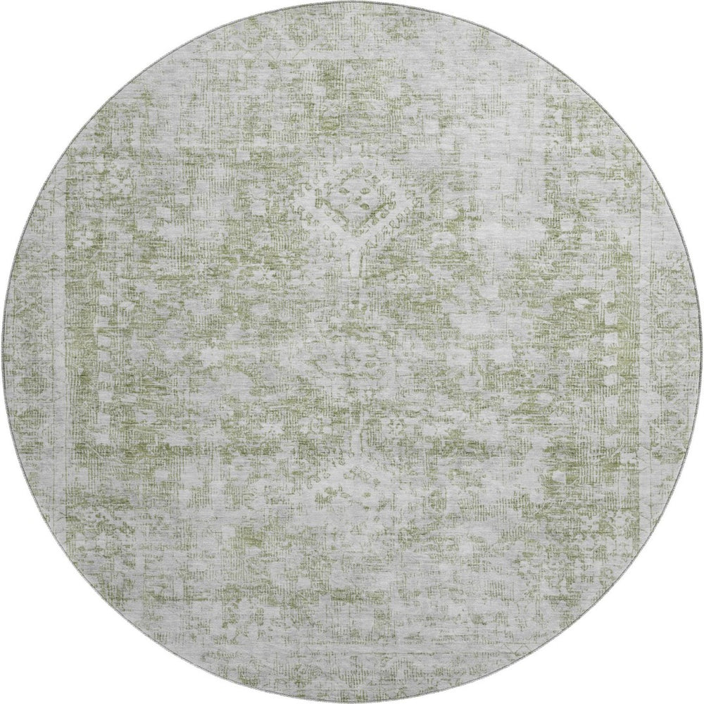 HomeRoots 8' X 8' Artichoke Green & Ivory Washable Round Rug - UV Protected, Elegant, Durable & Easy Care 691977
