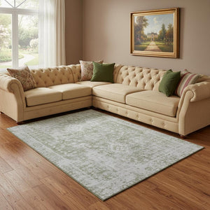 HomeRoots 8' Artichoke Green & Ivory Oriental Rug - UV Protected, Washable, Family-Friendly Design for Any Room 691978