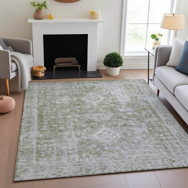 HomeRoots 9' X 12' Artichoke Green & Ivory Oriental Washable Rug with UV Protection for High-Traffic Homes 691979