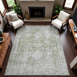 HomeRoots 9' X 12' Artichoke Green & Ivory Oriental Washable Rug with UV Protection for High-Traffic Homes 691979