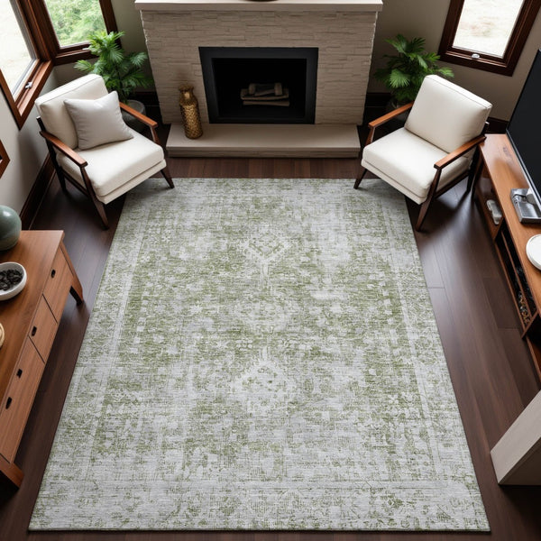 HomeRoots 10' Artichoke Green & Ivory Oriental Area Rug - Washable, UV Protected, Stain-Resistant Elegance! 691980