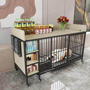 English Elm Large Iron Mdf Pet Enclosure with Storage Cabinet Rolling Casters and Steel Feeding Basins W3064P245384