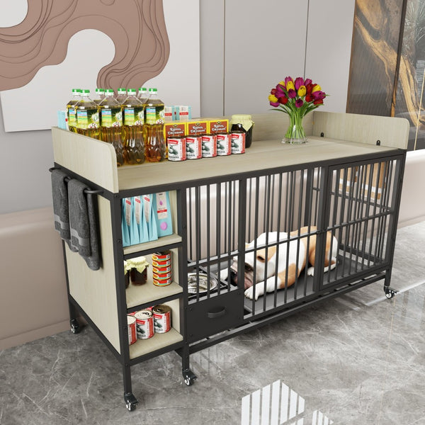 English Elm Large Iron Mdf Pet Enclosure with Storage Cabinet Rolling Casters and Steel Feeding Basins W3064P245384