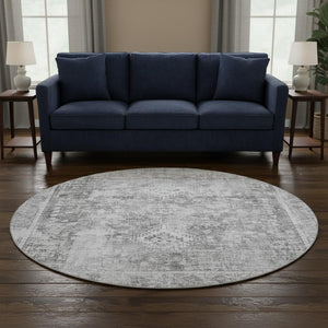 HomeRoots 8' X 8' Charcoal and Silver Oriental Round Rug with UV Protection for Stylish, Easy-Care Living Spaces 691983