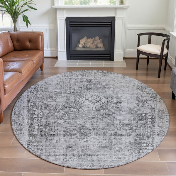 HomeRoots 8' X 8' Charcoal and Silver Oriental Round Rug with UV Protection for Stylish, Easy-Care Living Spaces 691983