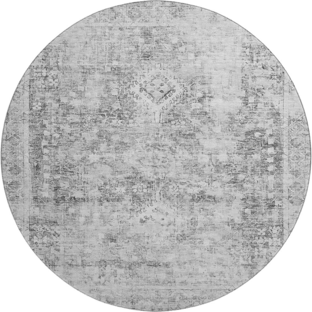 HomeRoots 8' X 8' Charcoal and Silver Oriental Round Rug with UV Protection for Stylish, Easy-Care Living Spaces 691983