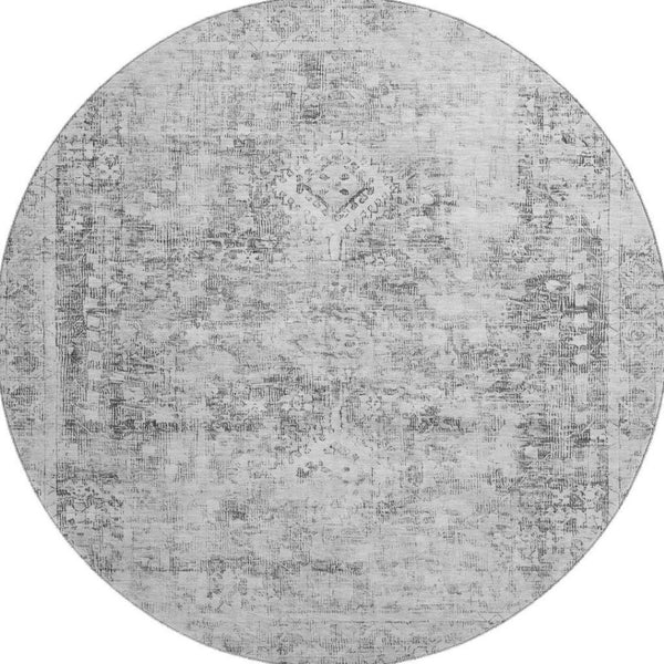 HomeRoots 8' X 8' Charcoal and Silver Oriental Round Rug with UV Protection for Stylish, Easy-Care Living Spaces 691983