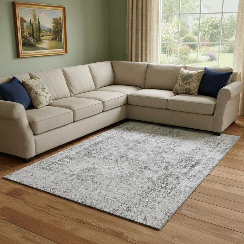 HomeRoots 8' Charcoal & Silver Washable Area Rug - Durable, Stylish, UV-Protected, Perfect for Homes with Kids & Pets 691984