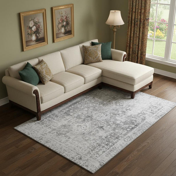 HomeRoots 9' X 12' Charcoal Silver Oriental Area Rug – Washable, UV Protected, Stain Resistant for Busy Homes 691985