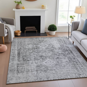 HomeRoots 9' X 12' Charcoal Silver Oriental Area Rug – Washable, UV Protected, Stain Resistant for Busy Homes 691985