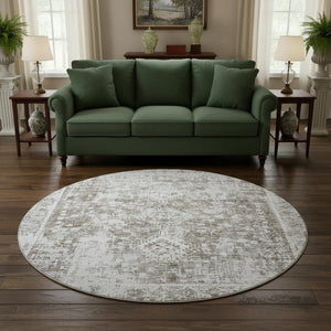 HomeRoots 8' X 8' Chocolate and Ivory Oriental Round Rug - Washable, UV Protected, Stain Resistant, Durable Design 691989