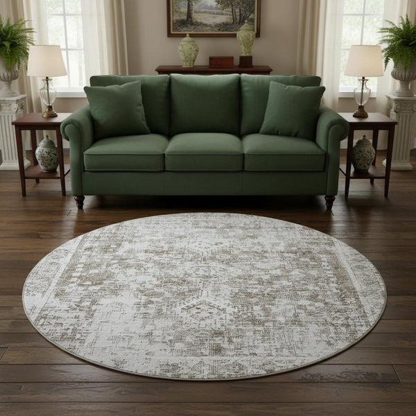 HomeRoots 8' X 8' Chocolate and Ivory Oriental Round Rug - Washable, UV Protected, Stain Resistant, Durable Design 691989
