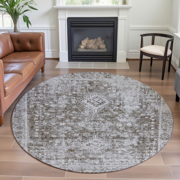 HomeRoots 8' X 8' Chocolate and Ivory Oriental Round Rug - Washable, UV Protected, Stain Resistant, Durable Design 691989