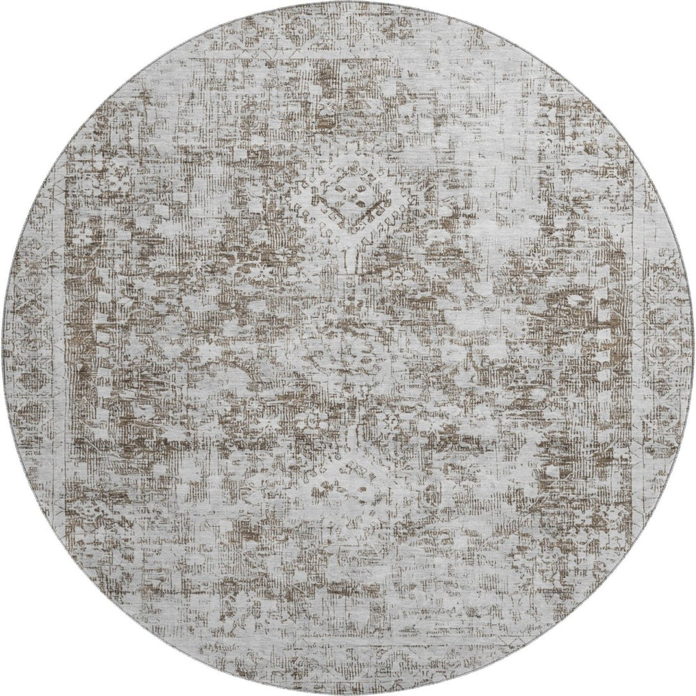 HomeRoots 8' X 8' Chocolate and Ivory Oriental Round Rug - Washable, UV Protected, Stain Resistant, Durable Design 691989