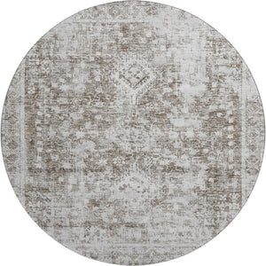 HomeRoots 8' X 8' Chocolate and Ivory Oriental Round Rug - Washable, UV Protected, Stain Resistant, Durable Design 691989