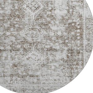 HomeRoots 8' X 8' Chocolate and Ivory Oriental Round Rug - Washable, UV Protected, Stain Resistant, Durable Design 691989