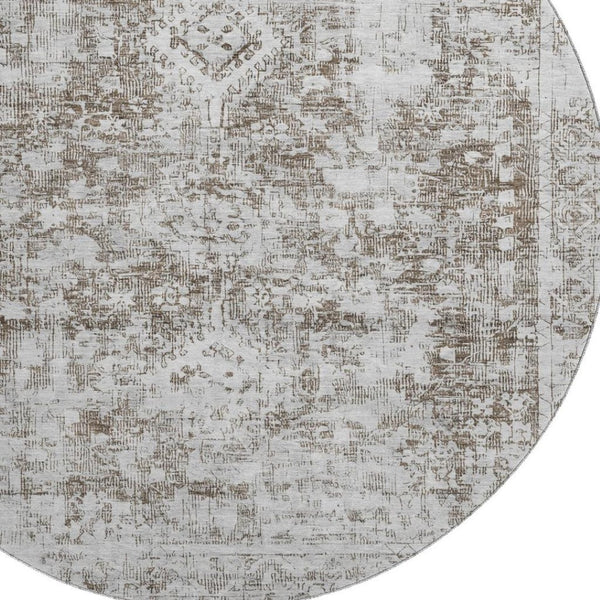 HomeRoots 8' X 8' Chocolate and Ivory Oriental Round Rug - Washable, UV Protected, Stain Resistant, Durable Design 691989