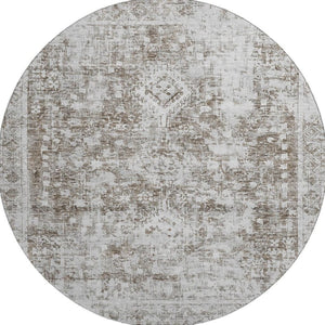 HomeRoots 8' X 8' Chocolate and Ivory Oriental Round Rug - Washable, UV Protected, Stain Resistant, Durable Design 691989
