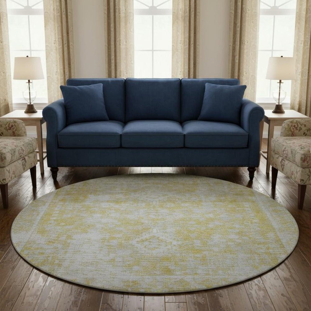 HomeRoots 8' Gold and Silver Oriental Washable Round Rug - UV Protected, Stain Resistant, Non-Slip Backing! 691995
