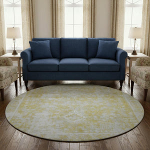 HomeRoots 8' Gold and Silver Oriental Washable Round Rug - UV Protected, Stain Resistant, Non-Slip Backing! 691995