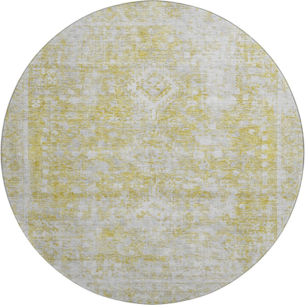 HomeRoots 8' Gold and Silver Oriental Washable Round Rug - UV Protected, Stain Resistant, Non-Slip Backing! 691995