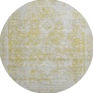 HomeRoots 8' Gold and Silver Oriental Washable Round Rug - UV Protected, Stain Resistant, Non-Slip Backing! 691995