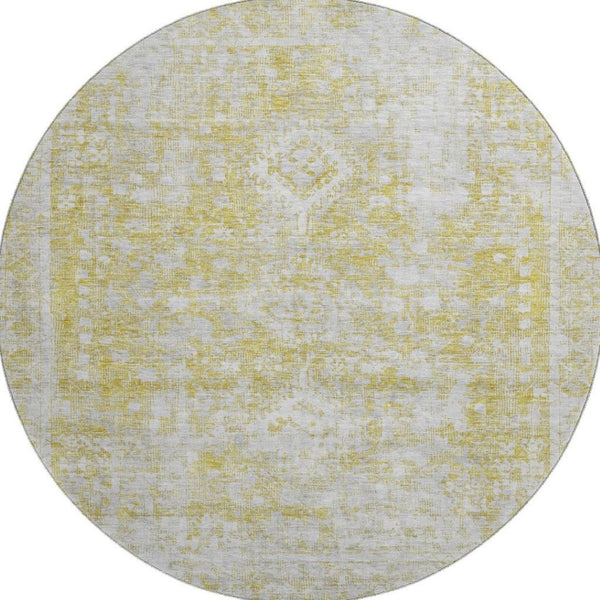 HomeRoots 8' Gold and Silver Oriental Washable Round Rug - UV Protected, Stain Resistant, Non-Slip Backing! 691995