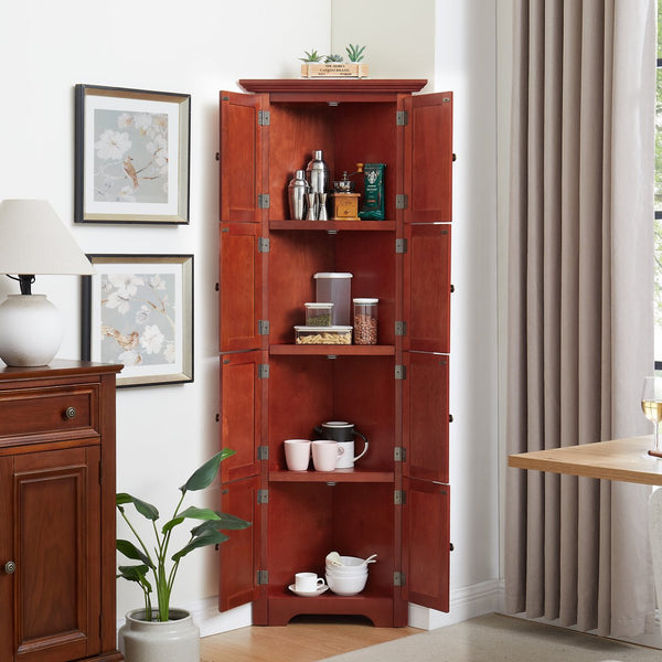 English Elm 4-Tier Corner 8-Door Cabinet with 4 Shelves — Space-Saving Farmhouse Storage for Kitchen Living Room Office Cherry W2275P269082