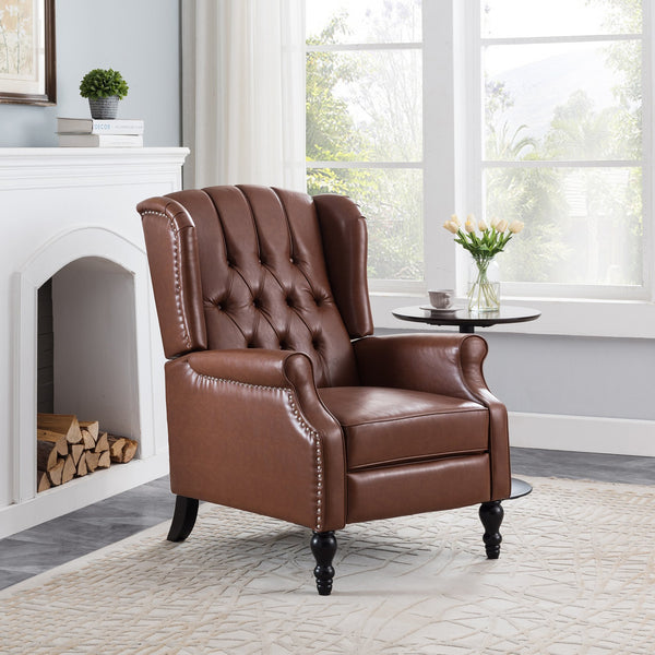English Elm Christopher Knight Home® - RECLINER Light Brown PU Upholstered Wingback with Button-Tufted Diamond Stitch & Nailhead Trim 56992.00PUCOGN