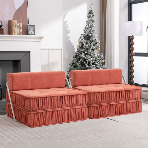English Elm Green Chenille Floor Sofa Convertible Futon Chair with Modular Sleeping Support Orange W3612P376633