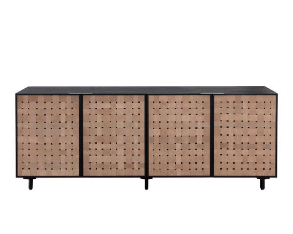 Sunpan Omari Sideboard - Stylish Suede Light Tan Leather with Unique Weaved Design and Matte Black Base Large - 80W x 22D x 30.5H