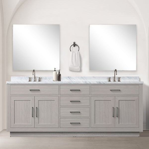 English Elm White Oak Double Bath Vanity 84" W X 22" D, Elegant Carrara Marble Top & Chrome Faucet Set Included B2731P257882-GIGA