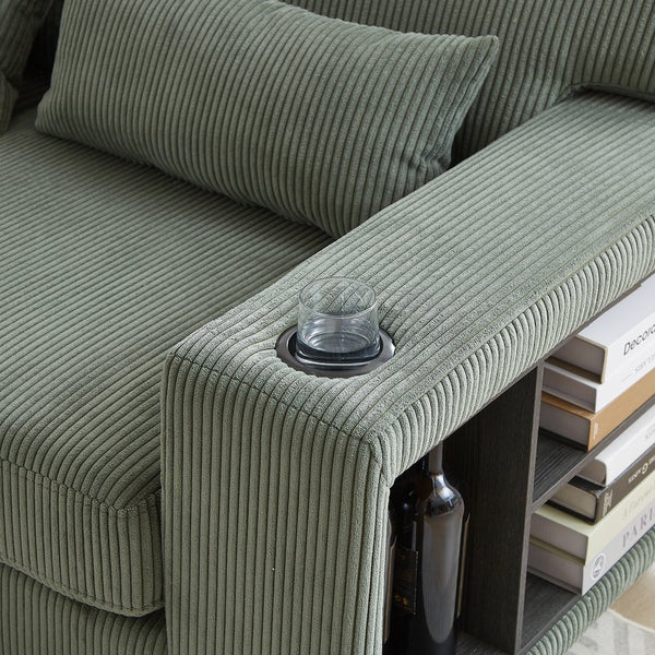 English Elm 102.75*102.75" L-Shaped Modular Sectional Sofa with Corduroy Upholstery, Storage Arm, Cup Holder, 5-Seat Convertible Lounge Green W1926S00054