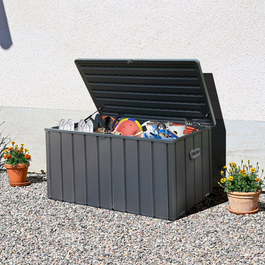 English Elm 120 Gallon Outdoor Storage Deck Box with Wheels & Lockable Lid, Waterproof Resin Top, Steel Body, Large Patio Bin W1859P197914